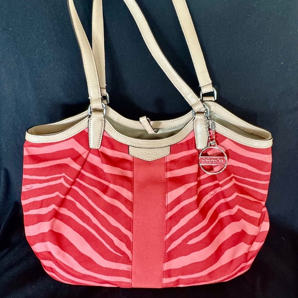 COACH Zebra Stripe Canvas Tote Shoulder Bag Hot Orange & Coral - Picture 1 of 3